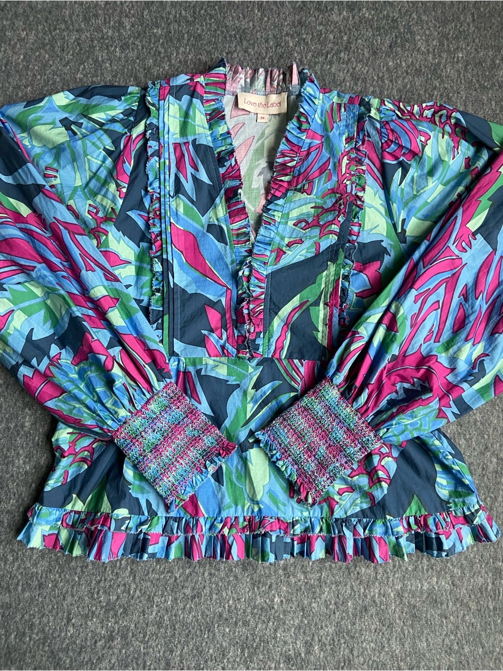 Love the Label Tropical Print Ruffle Blouse Top Boho Puff Sleeve Size M - Picture 10 of 13